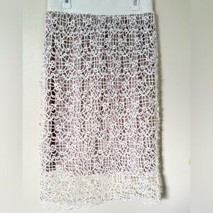 Focus 2000, Cream (Tan) with White Lace Overlay Midi Skirt, Size: 4 (PMB3)